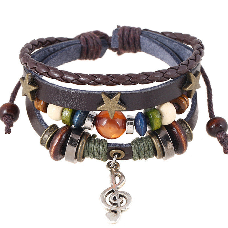Alloy Note Star Beaded Leather Bracelet