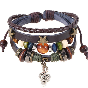 Alloy Note Star Beaded Leather Bracelet