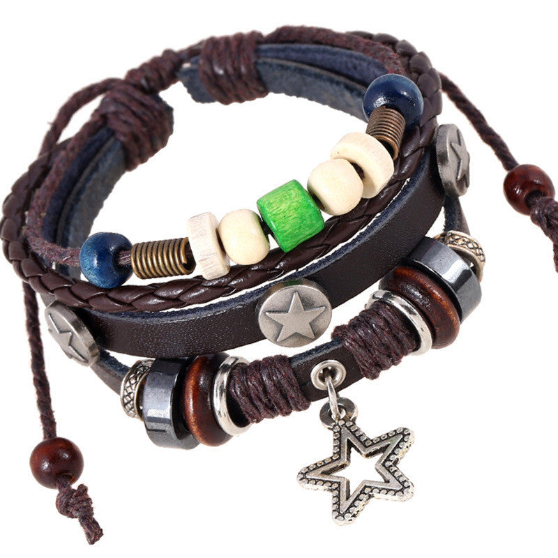 Star Pendant Multilayer Leather Bracelet