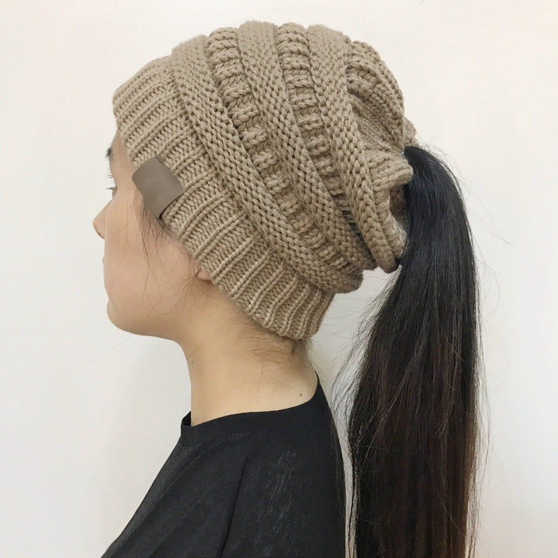 Women's Winter Outdoor Warm Wool Hat Empty Top Horsetail Knitted Hat