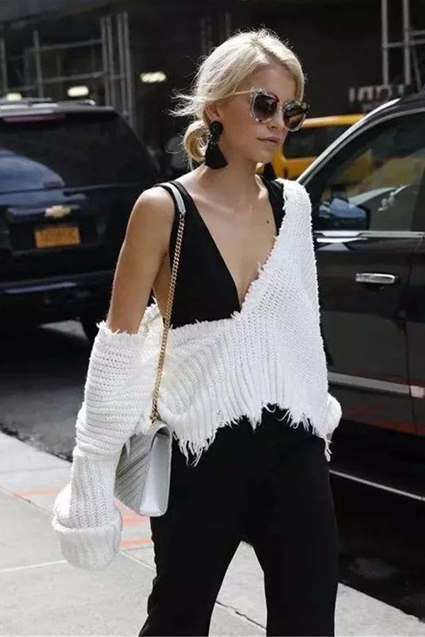 Rough Edge Big Neckline Irregular Short Sweater