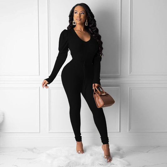 Long Puff Sleeves Bodycon V Neck Skinny Jumpsuits