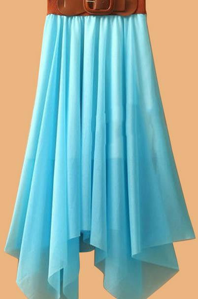 Chiffon Irregular Bohemian Flare Pleated Beach Middle Belt Skirt - May Your Fashion - 1