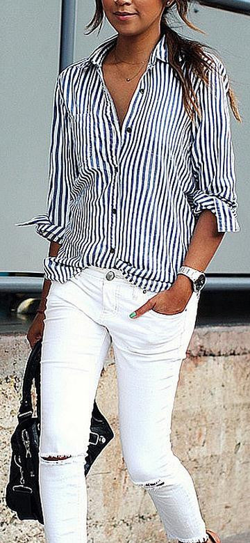 Striped Turn-down Collar Long Sleeves Casual Plus Size Blouse - May Your Fashion - 1