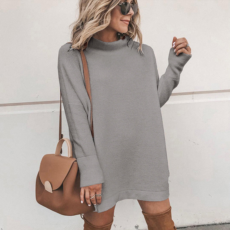 Loose Plain O Neck Long Sleeve Mini Dress