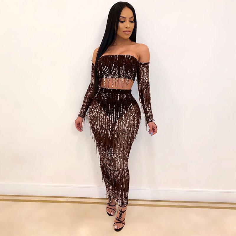 Off Shoulder Crop Top Maxi Skirt Set