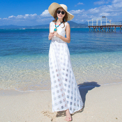 Scoop Sleeveless Flared Pleated Organza Long Beach Dress