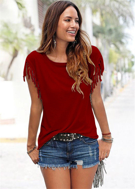Scoop Sleeveless Tassel Casual Pure Color Blouse