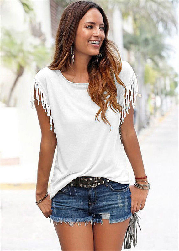 Scoop Sleeveless Tassel Casual Pure Color Blouse