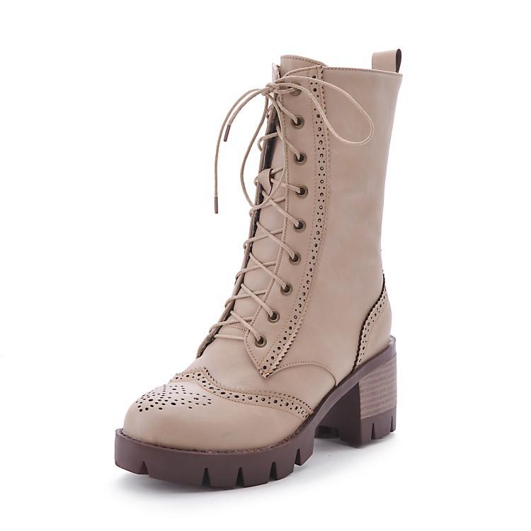 Lace Up Round Toe Platform Low Chunky Heels Short Boots