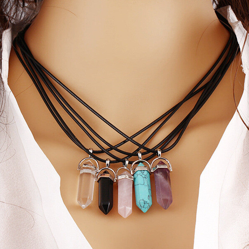 Retro Natural Turquoise Crystal Bullet Pendant Clavicle Necklace