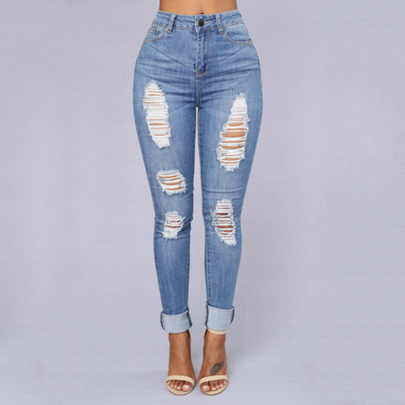 High Waist Light Blue Ripped Slim Pants