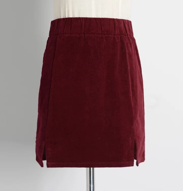 High Waist Pure Color Split Corduroy Slim Short Skirt