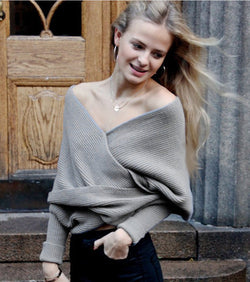 Ribbed Knit Strapless V-neck Off Shoulder Sweater - May Your Fashion - 1