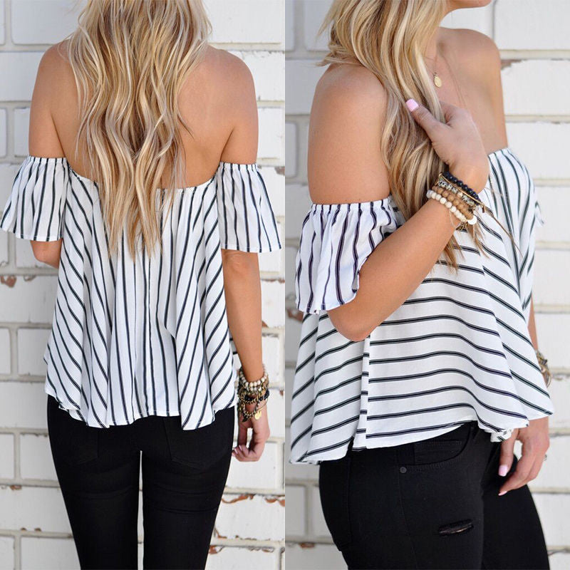 Striped Off Shoulder Short Sleeves Loose Blouse