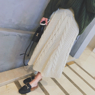 Winter A-line Pure Color Braid Knit Long Skirt