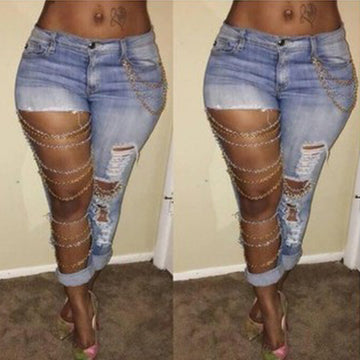 Light Blue Big Holes Metal Chains Elastic Jeans