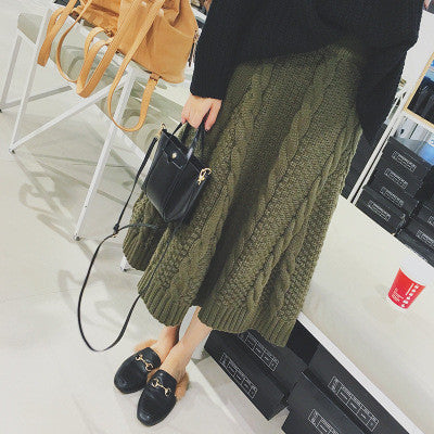 Winter A-line Pure Color Braid Knit Long Skirt