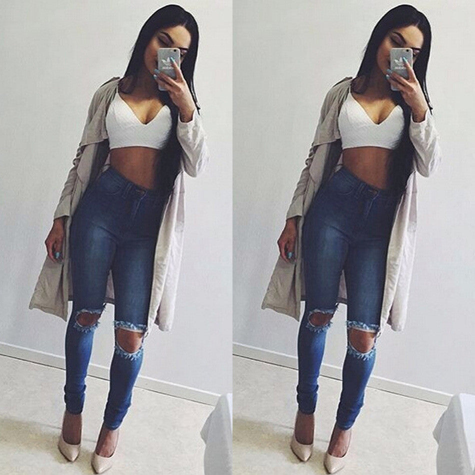 High Waist Blue Holes Ripped Beggar Slim Jeans