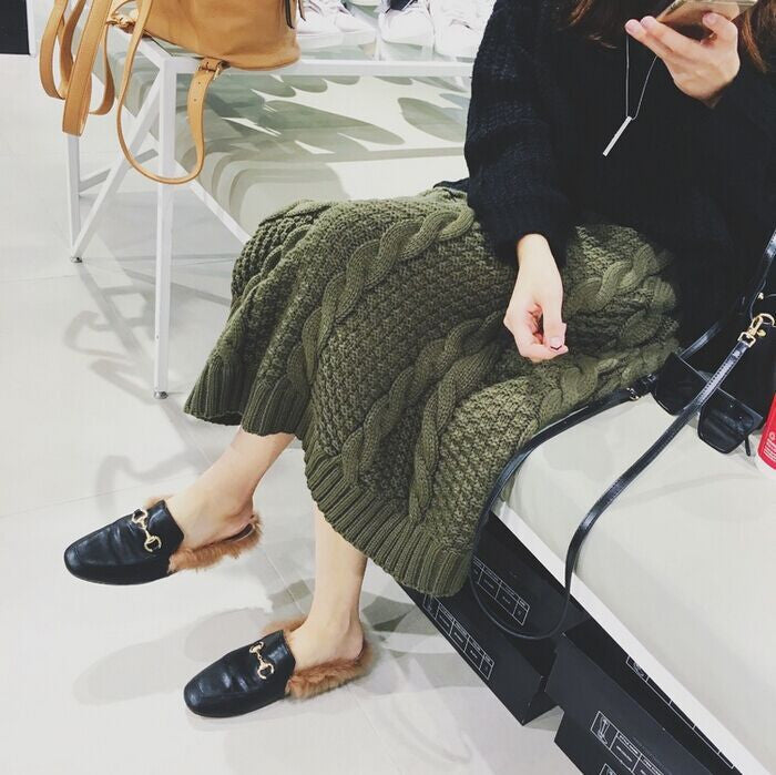 Winter A-line Pure Color Braid Knit Long Skirt