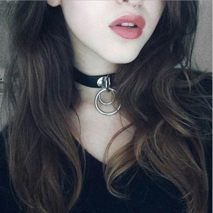Hip-Hop Metal Ring Leather Collar Necklace