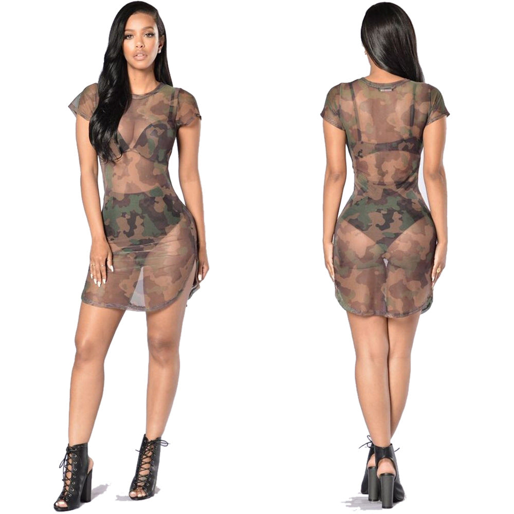 Sexy Camouflage Mesh Perspective Short Sleeve High Fork Party Dress