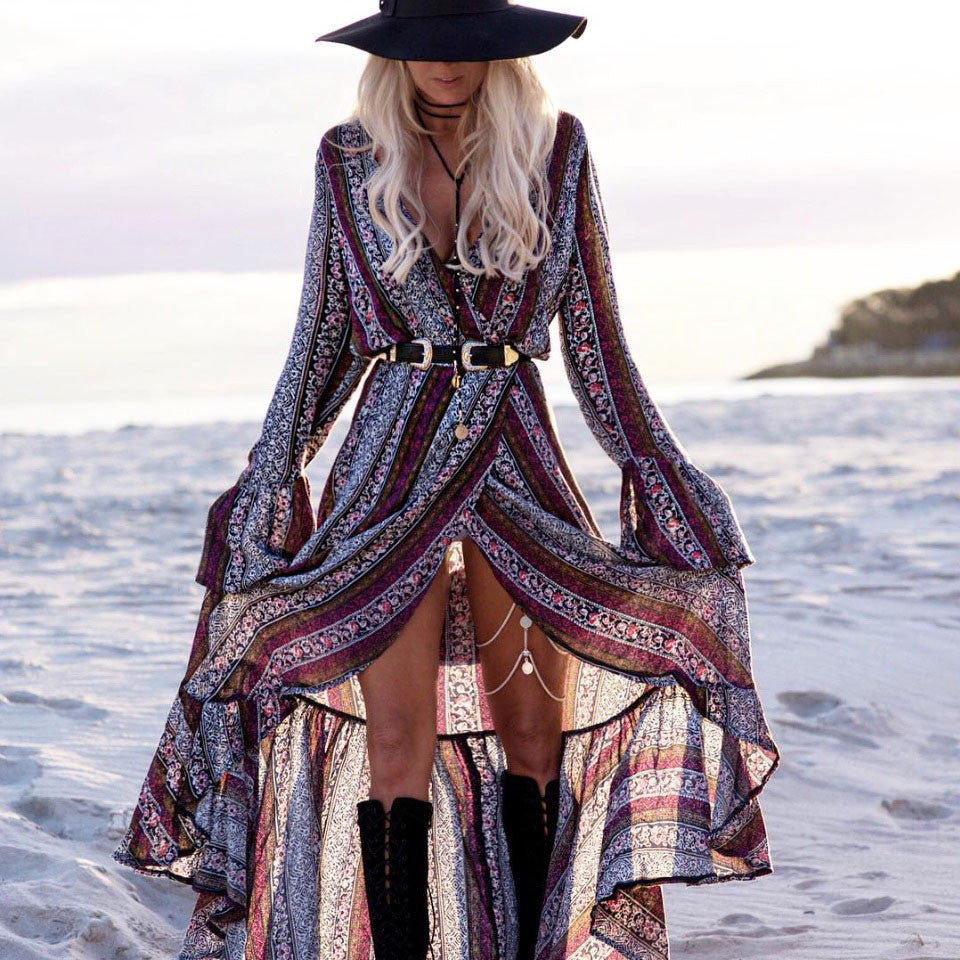 V-neck Split Print Long Bohemian Dress