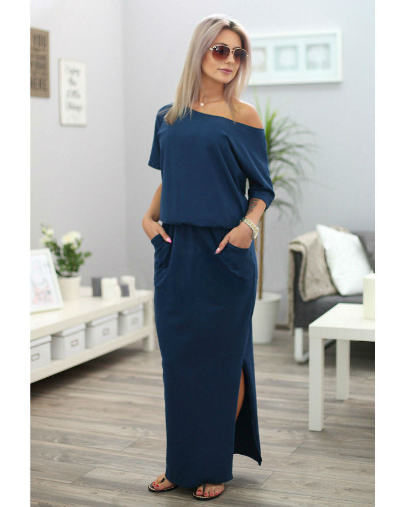 Pure Color Scoop Short Sleeves Long Dress