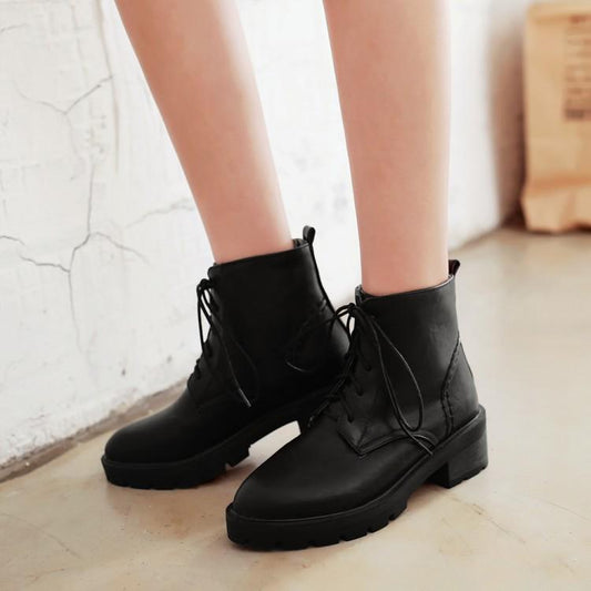 Platform Low Chunky Heels Lace Up Short Martin Boots