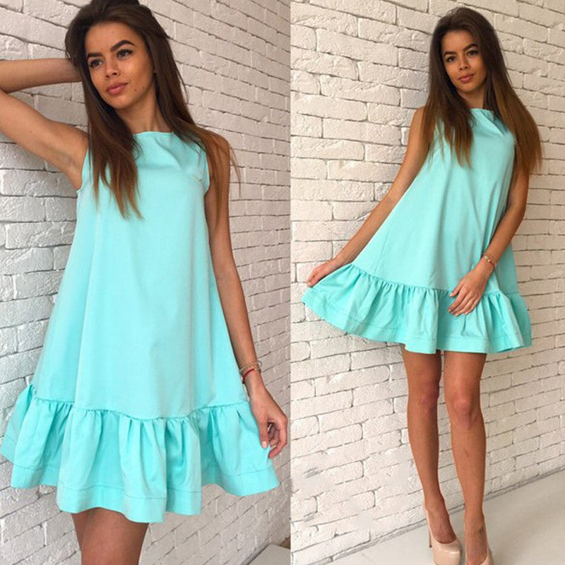 Sleeveless Scoop Falbala Pure Color A-line Short Dress