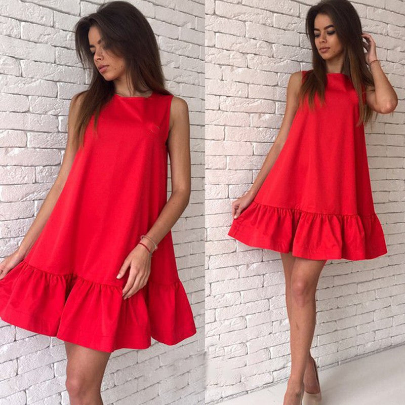 Sleeveless Scoop Falbala Pure Color A-line Short Dress