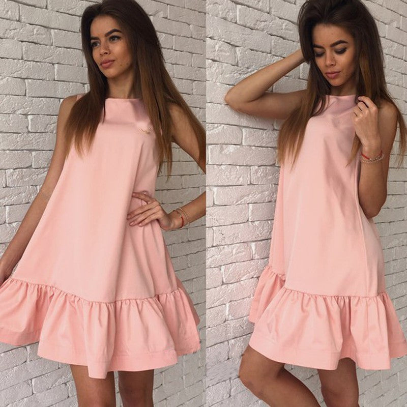 Sleeveless Scoop Falbala Pure Color A-line Short Dress