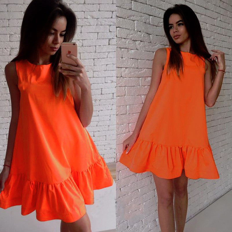 Sleeveless Scoop Falbala Pure Color A-line Short Dress