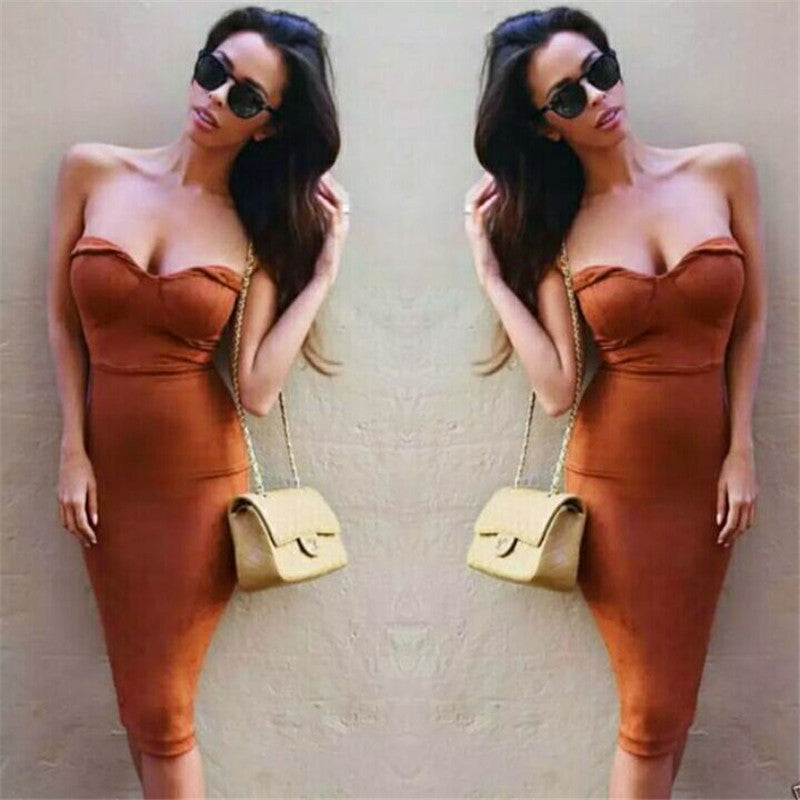 Strapless Pure Color Bodycon Keen-length Party Dress - May Your Fashion - 3