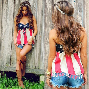 Strapless Sleeveless Flag Backless Short Tassel Patchwork Crop Tops