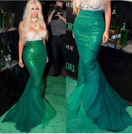 Free Shipping Green Sequins Patchwork Bodycon Long Mermaid Skirt