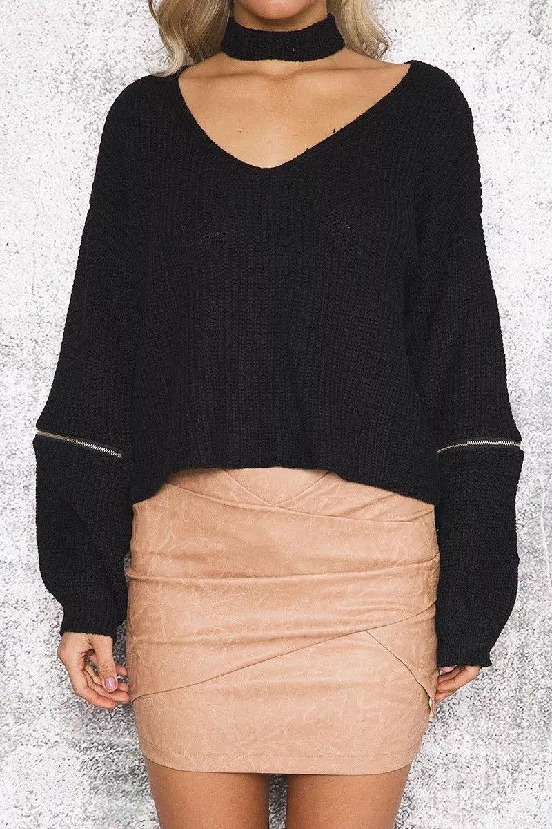 Sexy Halter Hollow Out Zipper Sleeve Sweater