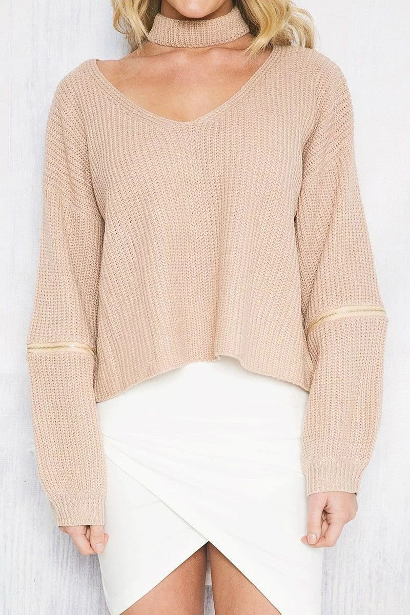 Sexy Halter Hollow Out Zipper Sleeve Sweater