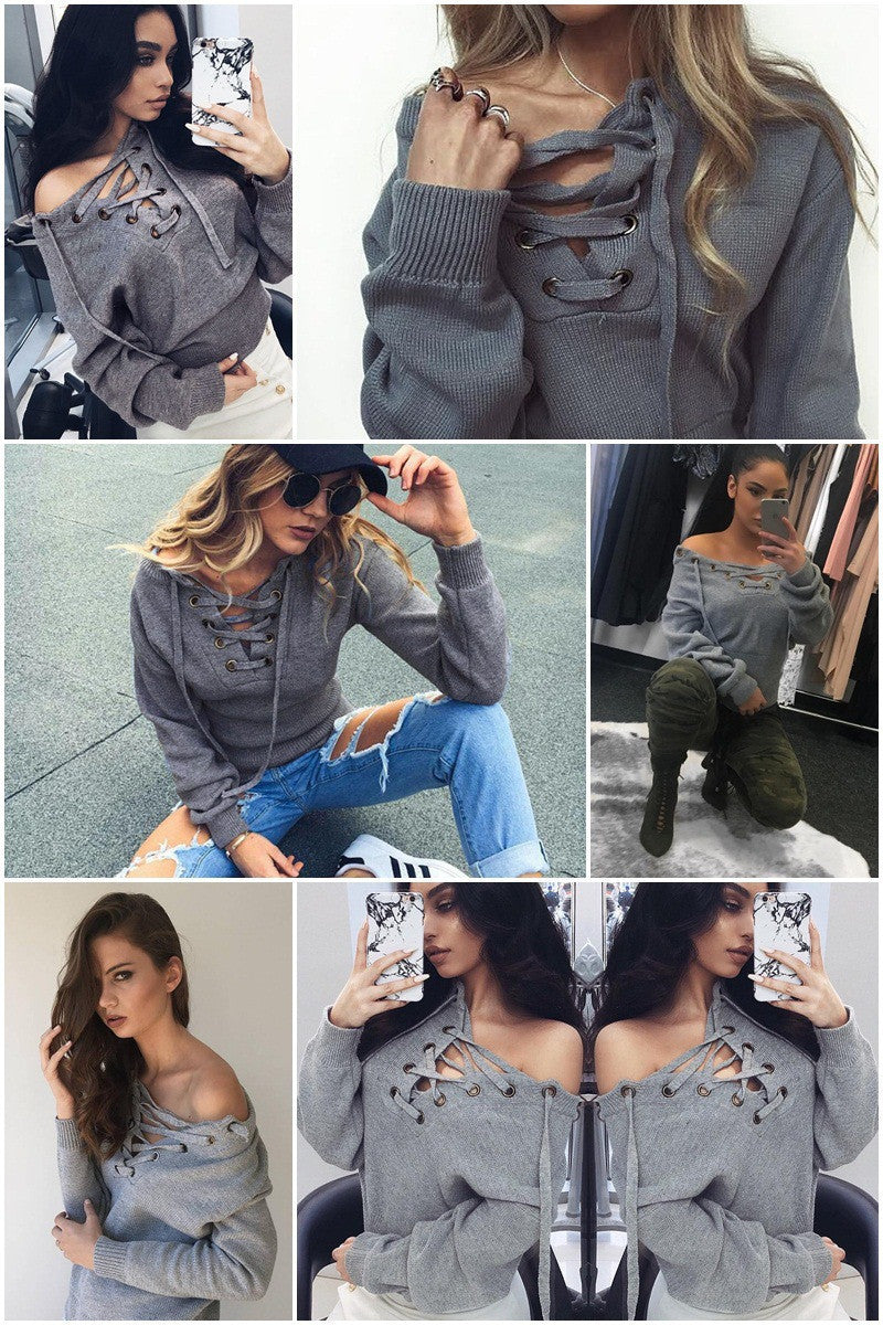 Sexy Lace Up V-Neck Long-Sleeve Sweater