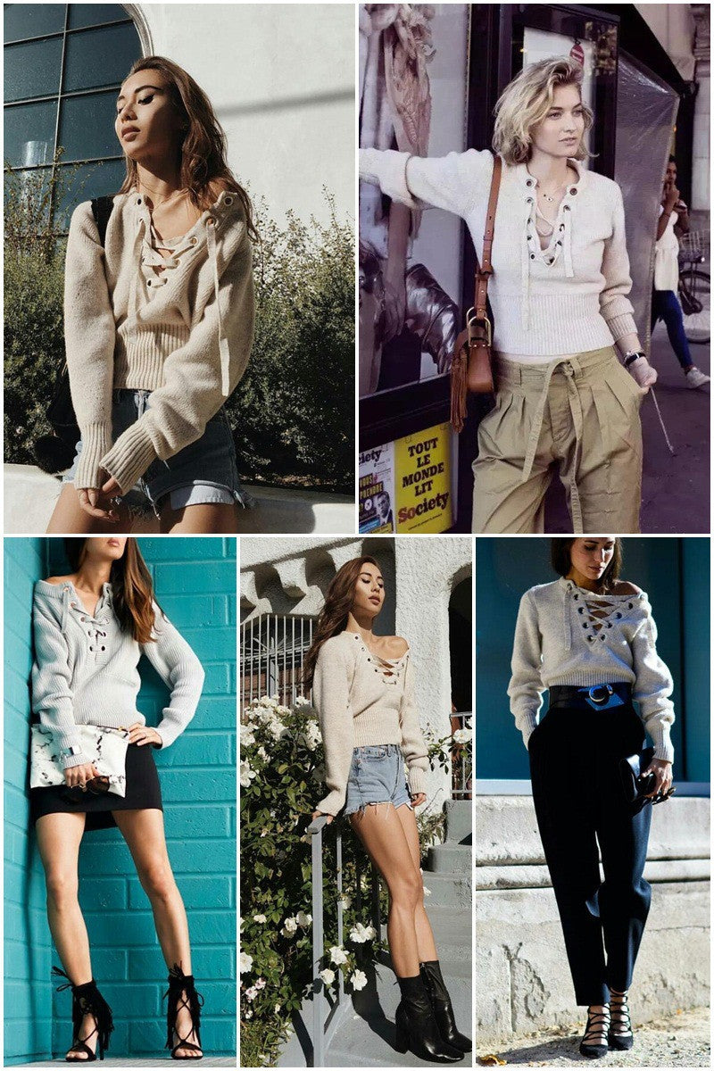 Sexy Lace Up V-Neck Long-Sleeve Sweater
