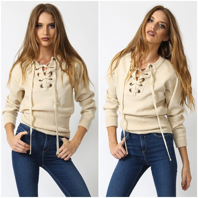Sexy Lace Up V-Neck Long-Sleeve Sweater