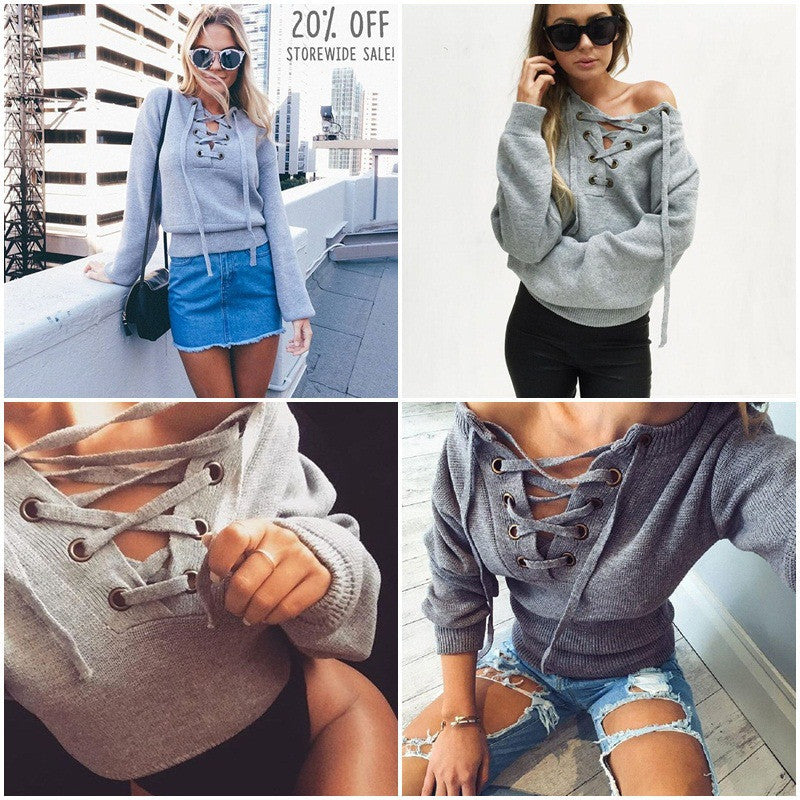 Sexy Lace Up V-Neck Long-Sleeve Sweater