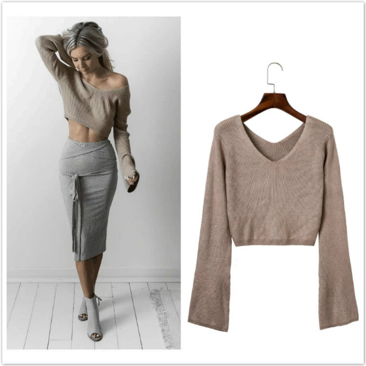 Sexy Khaki Long Sleeve Crop Top Sweater