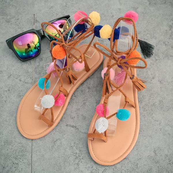 Colorful Ball Decorate Slip-on Tassels Lace UP Flat Sandals