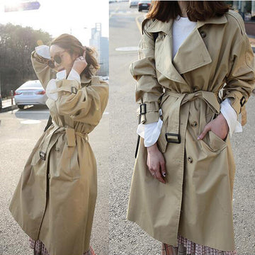 Pure Color Belt Long Sleeves Loose Double Breasted Long Coat