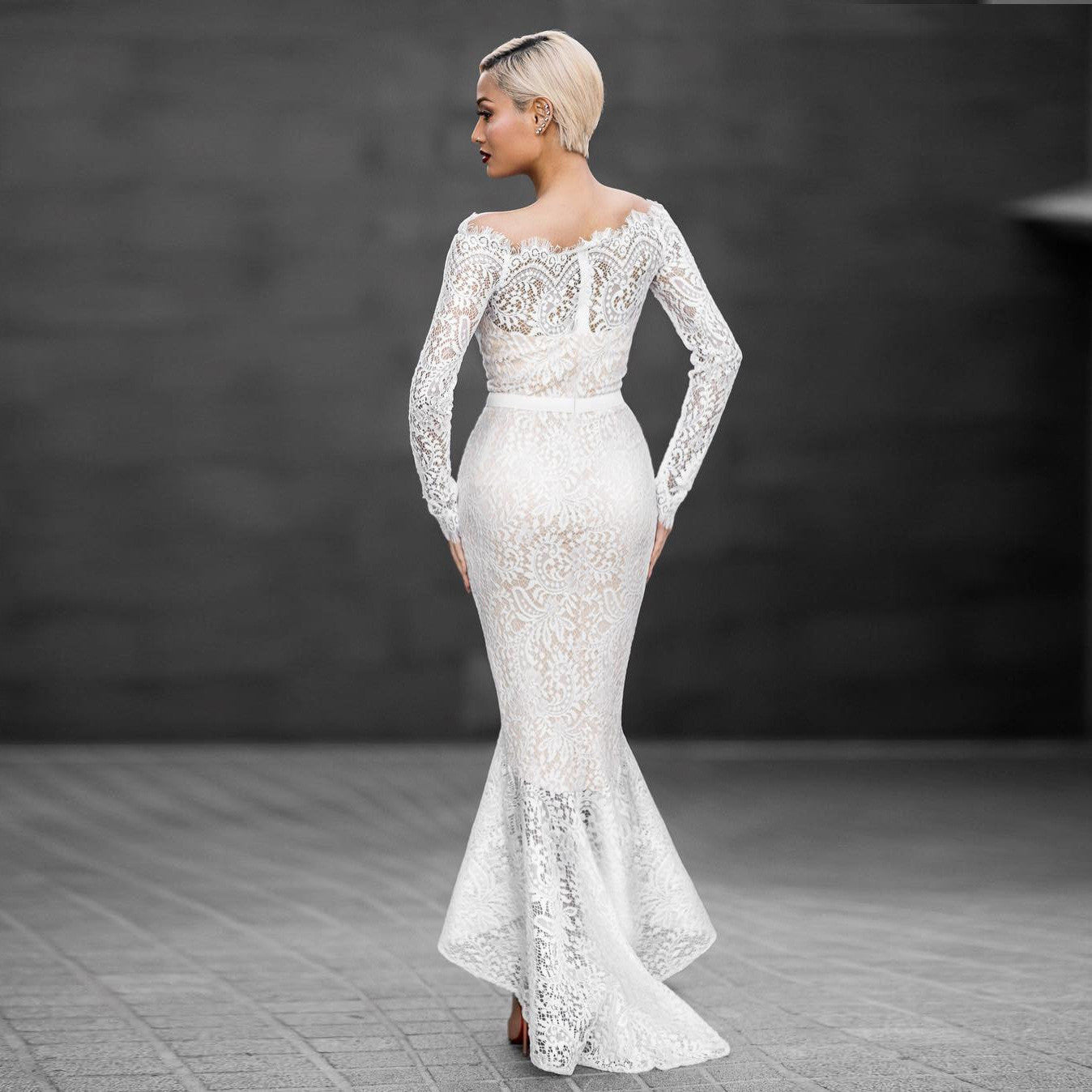 Off Shoulder Pure Color Lace Mermaid Irregular Long Dress