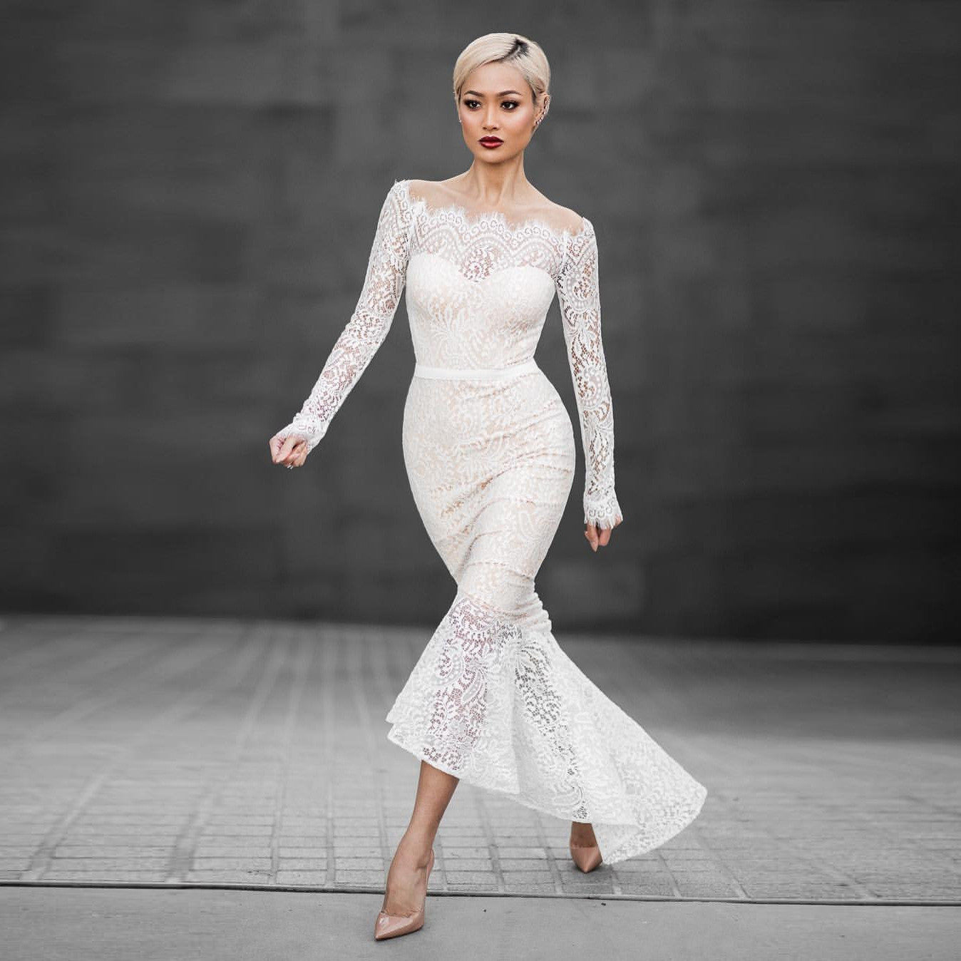 Off Shoulder Pure Color Lace Mermaid Irregular Long Dress