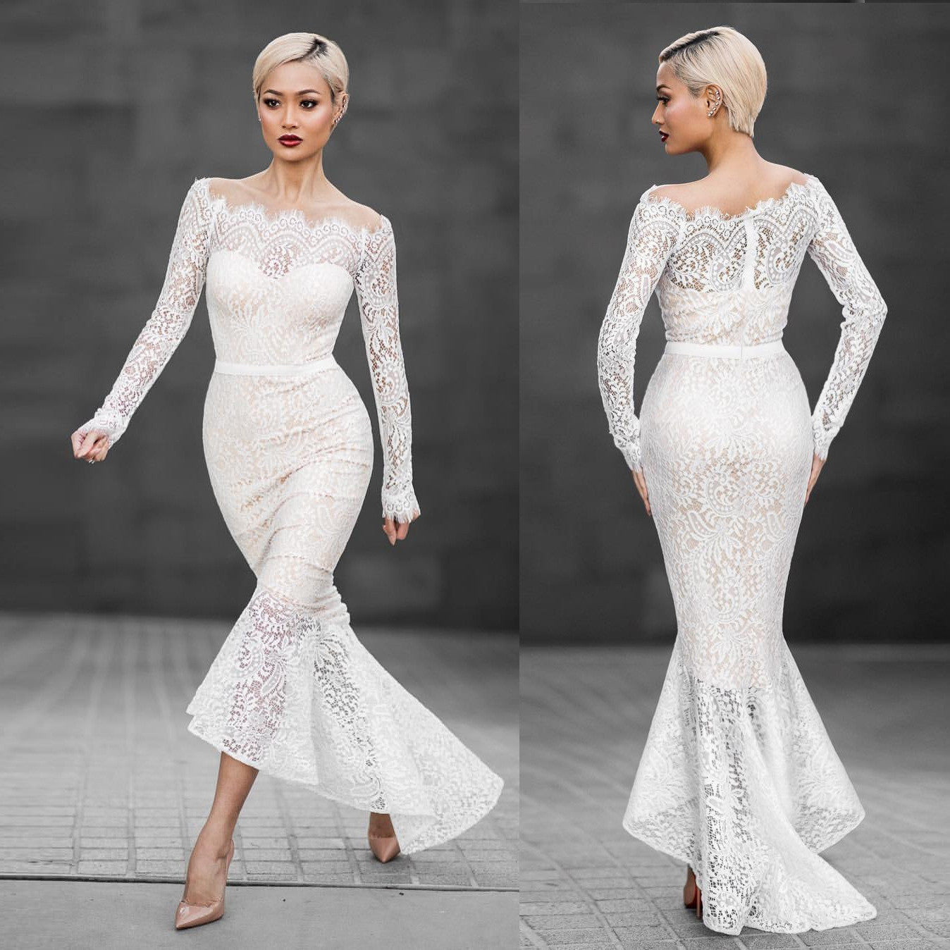 Off Shoulder Pure Color Lace Mermaid Irregular Long Dress