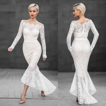 Off Shoulder Pure Color Lace Mermaid Irregular Long Dress
