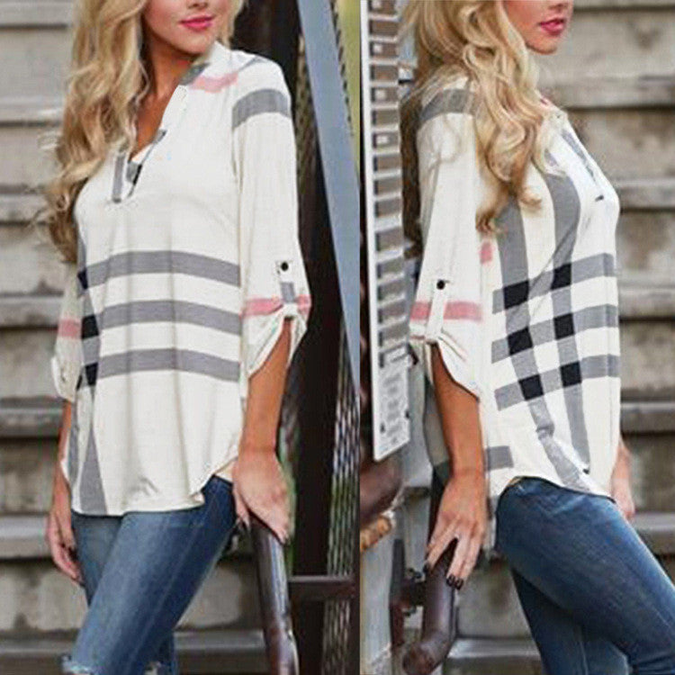 V-neck Plaid Print 3/4 Sleeves Loose Blouse